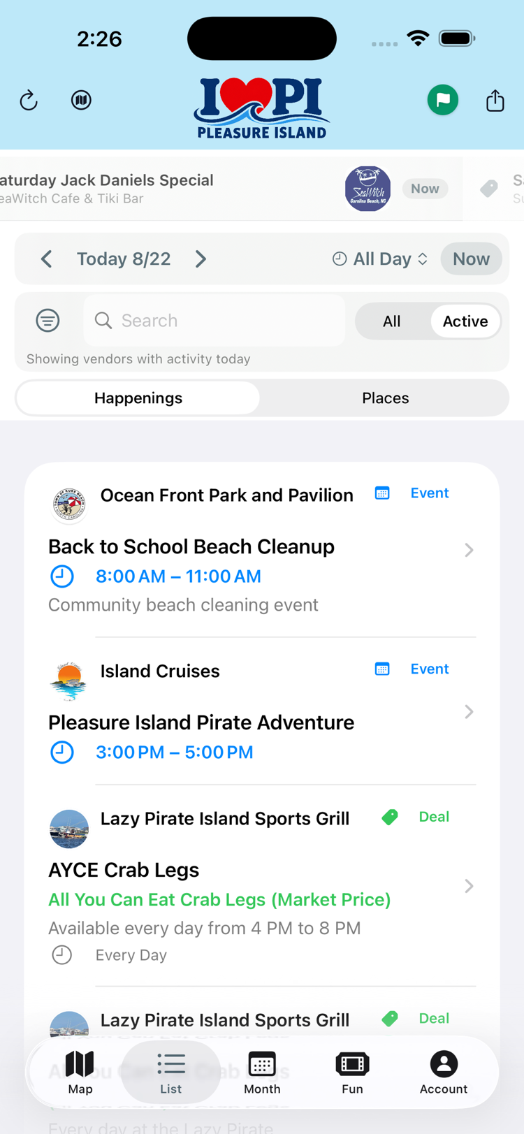 The EventureMap app showing today's deals as a list