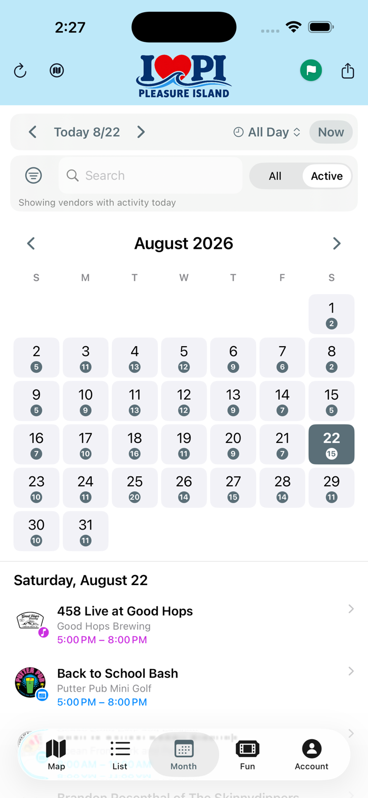 The EventureMap app showing a month calendar of events